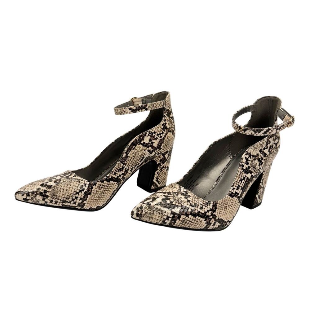 Worthington Snakeskin Block Heel Faux Leather Ankle Strap Pointed Toe Pump 7.5M